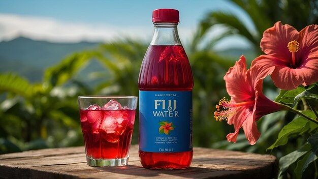 Photo a bottle of tropical water next to a glass of water with a flower in it