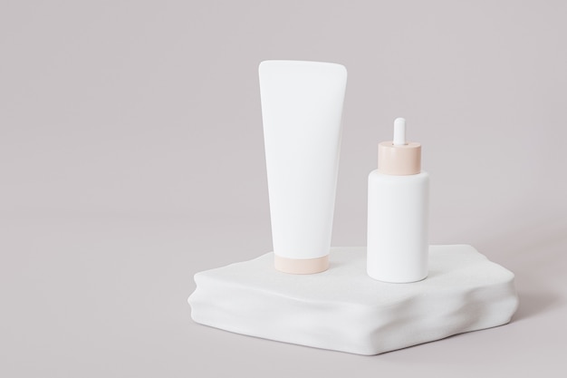 Bottle and tube for cosmetics on stone podium on gray surface