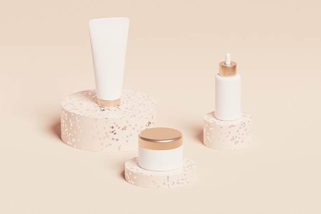 Bottle, tube and jar for cosmetics products on beige surface