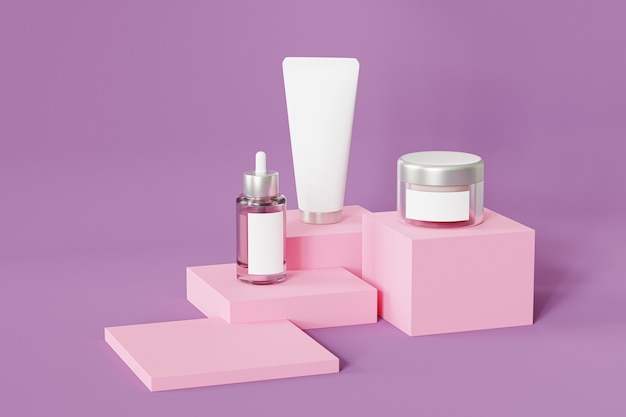 Bottle, tube and jar for cosmetics products on pink podium