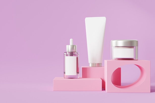 Photo bottle, tube and jar for cosmetics products on pink podium