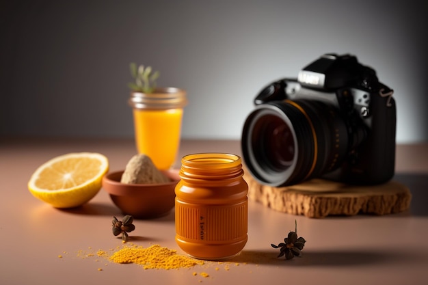 A bottle of turmeric juice sits next to a camera and a jar of turmeric.