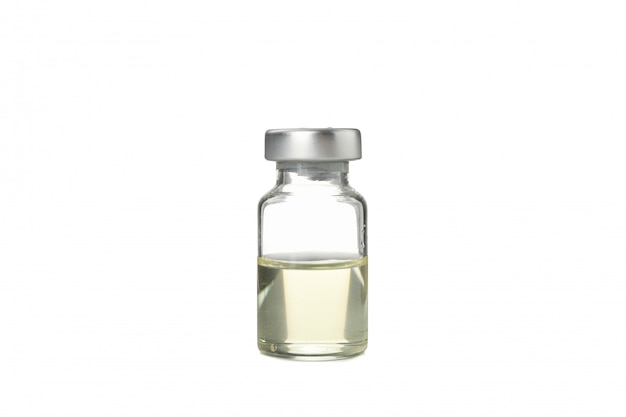 Photo bottle of vaccine isolated on white.