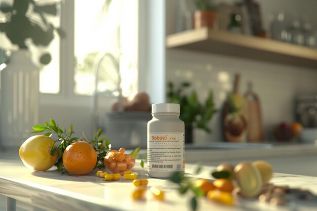 Photo bottle of vitamins and minerals supplements on a k