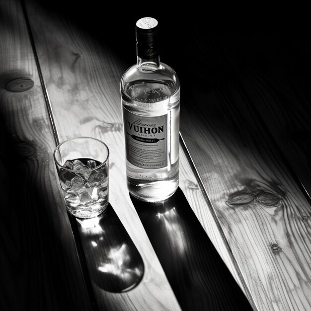 a bottle of vodka and a glass on a wooden floor in the style of light gray and black