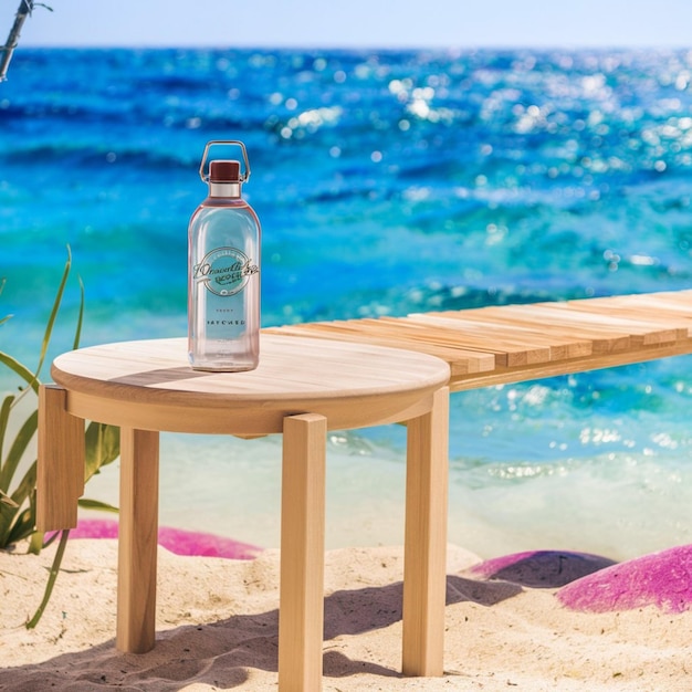 a bottle of vodka sits on a table in the sand