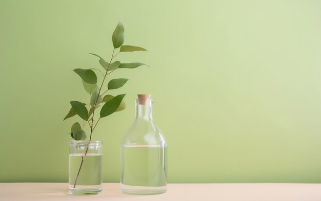A bottle of water and a branch of a plant on a table
