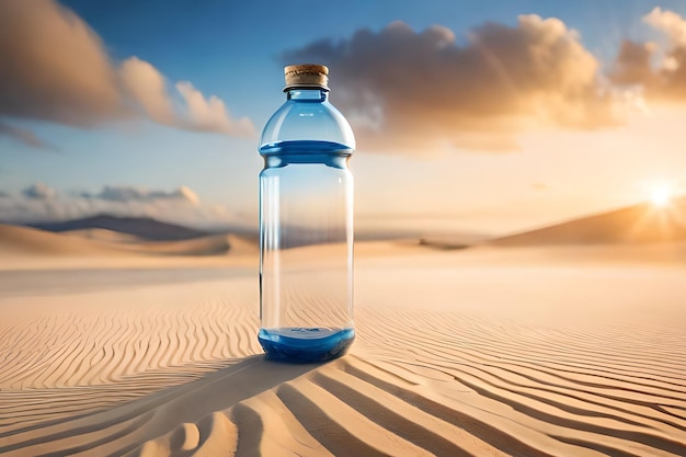 A bottle of water in the desert with a sunset in the background.