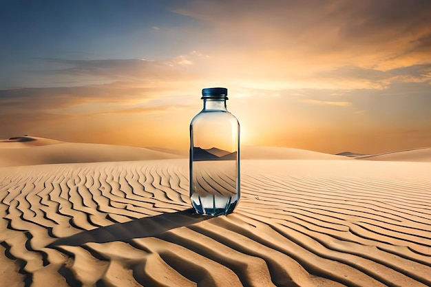 A bottle of water in the desert with a sunset in the background.