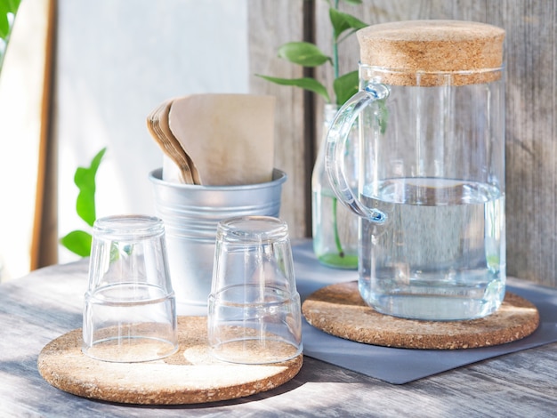 Bottle of water and empty glasses