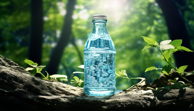 자연 배경을 갖춘 숲 속의 물 한 병