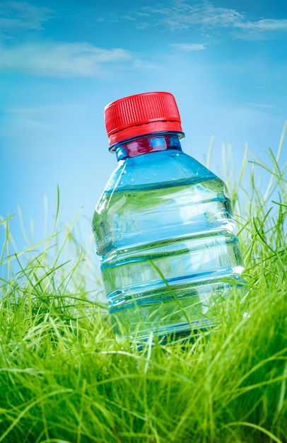 Bottle of water on the green grass