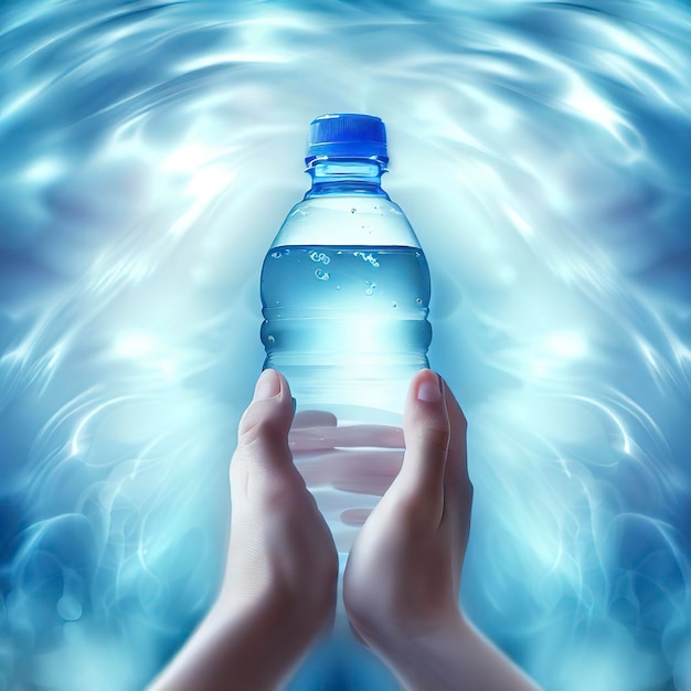 手に水のボトルと青い抽象的な背景 健康的なライフスタイルの概念