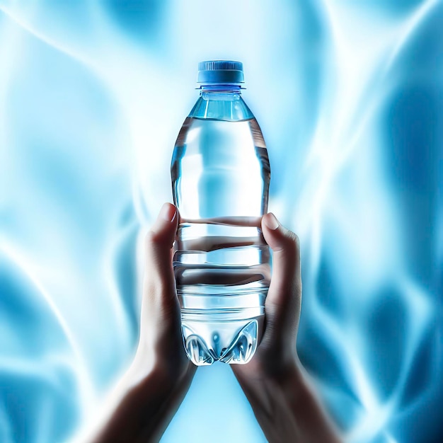 Bottle of water in hands and blue abstract background Concept of healthy lifestyle