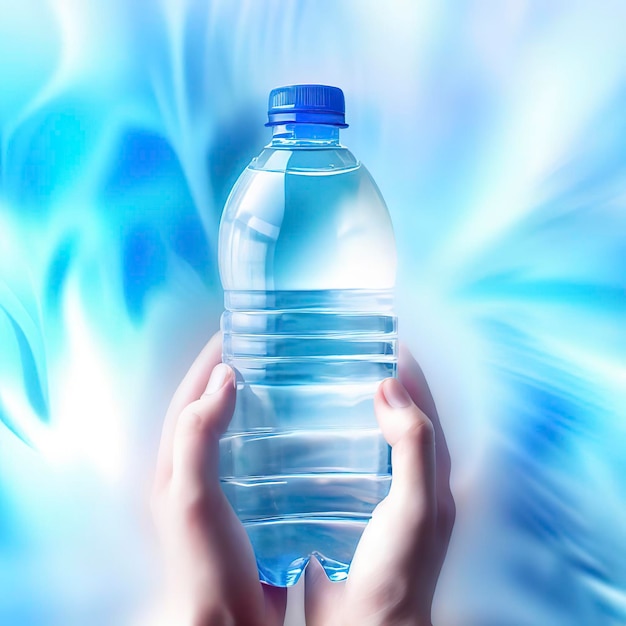 Bottle of water in hands and blue abstract background Concept of healthy lifestyle