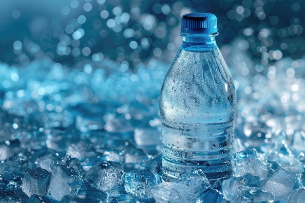 Bottle of water in ice cubes