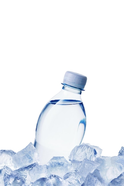 Bottle of water in ice on white background