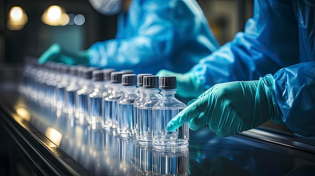 a bottle of water is being filled with bottles of liquid.