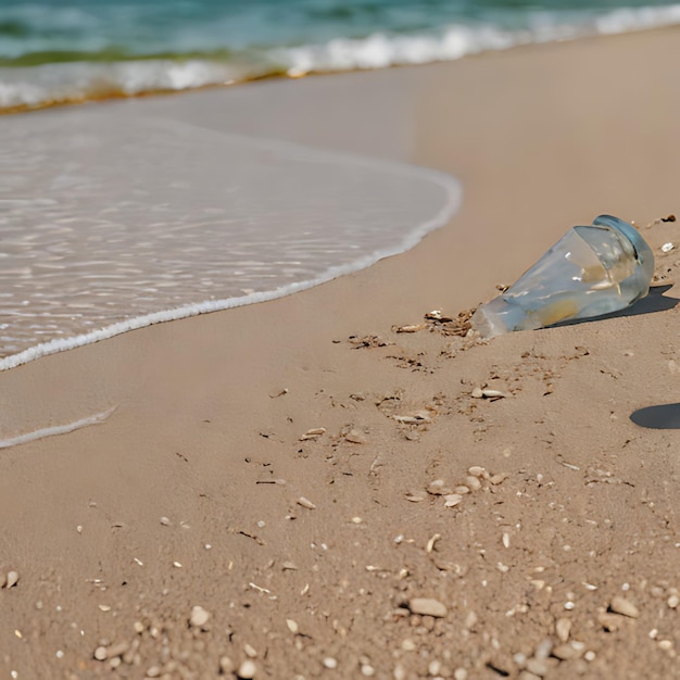 a bottle of water is laying on the sand