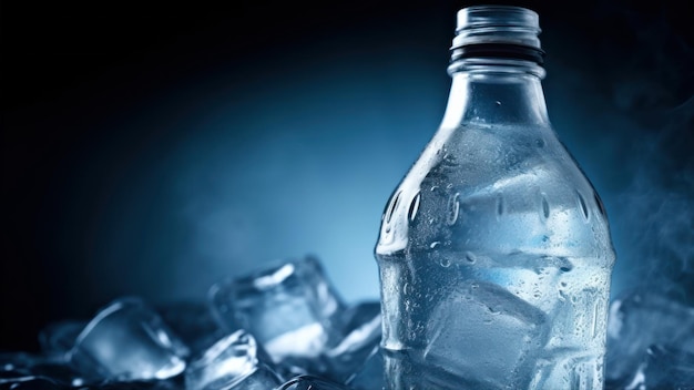 A bottle of water is on top of ice.