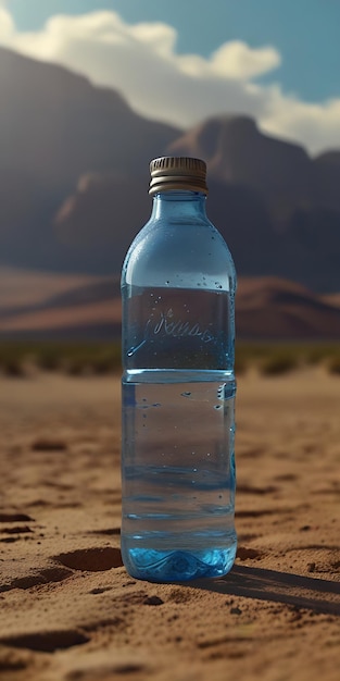 Foto bottiglia d'acqua in mezzo al deserto generativo ai