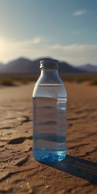 Foto bottiglia d'acqua in mezzo al deserto generativo ai