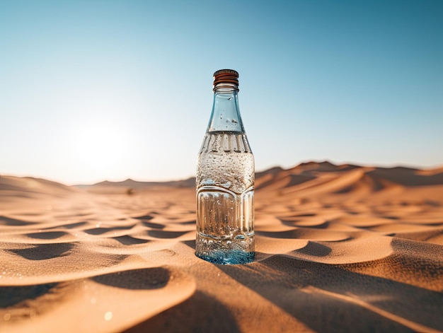 Foto una bottiglia d'acqua in mezzo a un deserto sabbioso