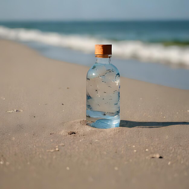 a bottle of water sits on a beach with a blue label that says  seagulls