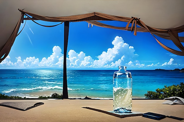 Photo a bottle of water sits on a table in front of a window