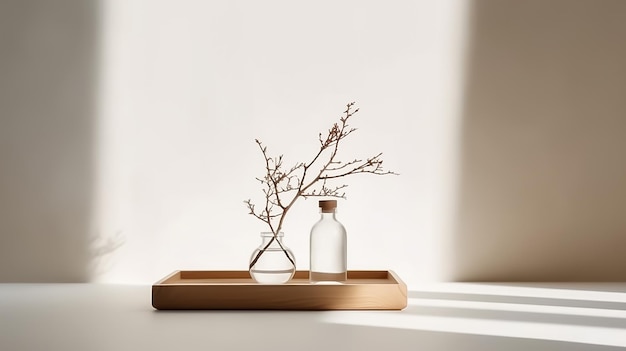 A bottle of water sits on a wood podium with a branch in it