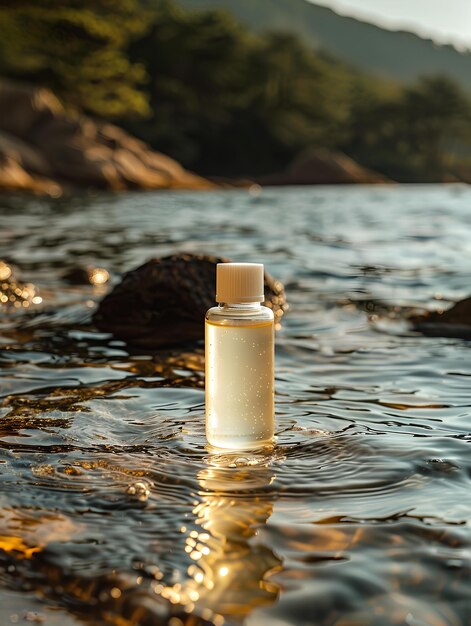 A bottle of water sitting in the middle of a river with rocks in the background and a mountain in