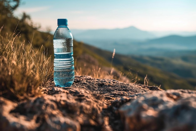 a bottle of water sitting on top of a mountain