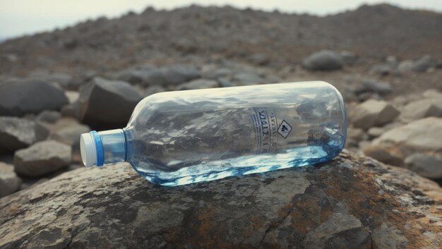 a bottle of water sitting on top of a rock