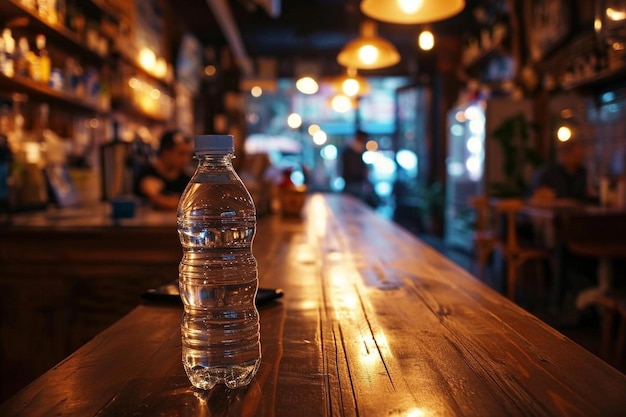 Foto una bottiglia d'acqua seduta sopra un tavolo di legno