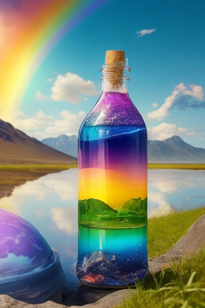 自然のままの自然を背景に、きらめく虹色に囲まれた水の入ったボトル