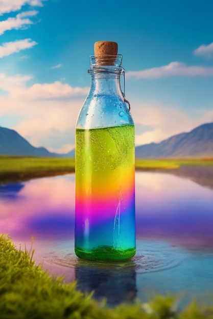 A bottle of water surrounded by a shimmering rainbow of colors against a backdrop of a pristine