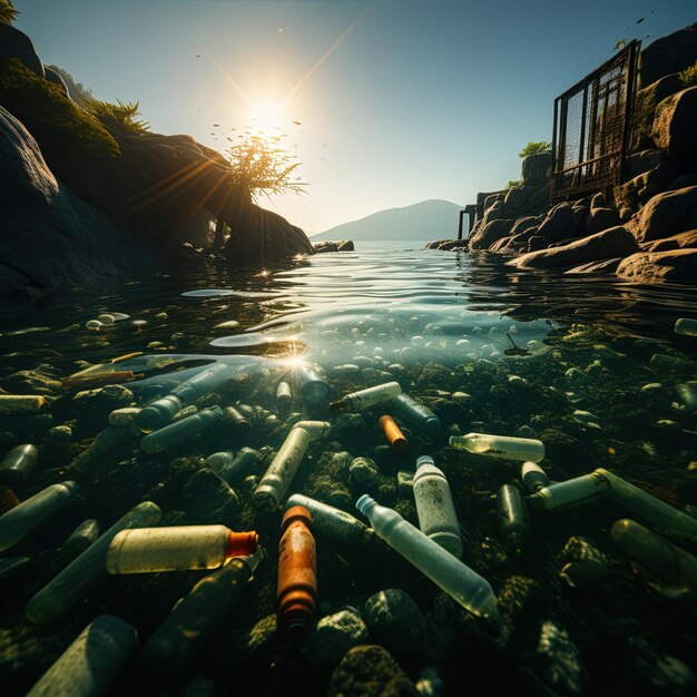 a bottle in the water with a beach in the background