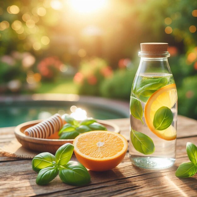 Photo a bottle of water with a bottle of mint water and an orange