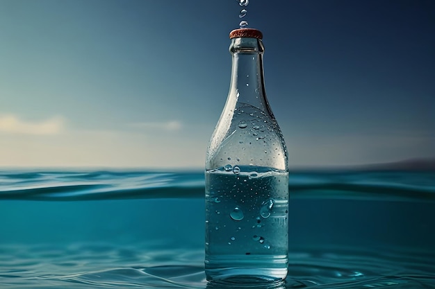 Foto una bottiglia di acqua sott'acqua con bolle nell'acqua