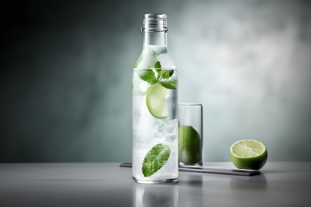 A bottle of water with limes and a glass of water on a table.