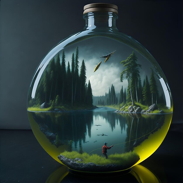 A bottle of water with a man fishing in it.