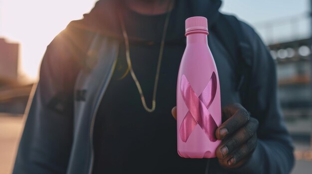 Bottle of Water With Pink Ribbon Breast Cancer