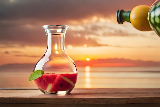 A bottle of water with strawberries in it and a bottle of water