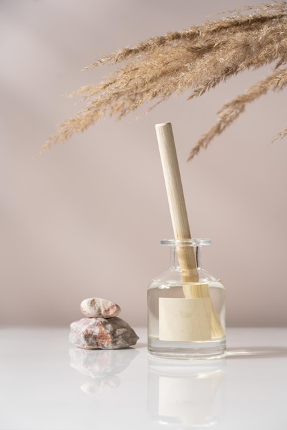 A bottle of water with a wooden stick in it and a small plant on the side.