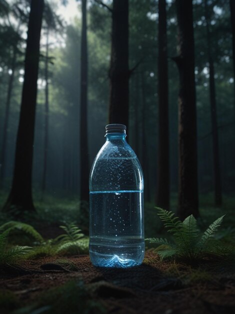 a bottle of water in the woods with trees in the background