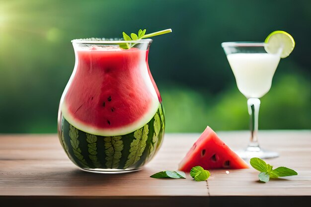 a bottle of watermelon with a slice of watermelon next to it.