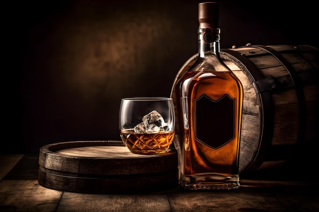 A bottle of whiskey and a barrel with a glass of whiskey on it