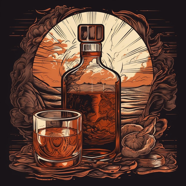 Foto una bottiglia di whisky e un bicchiere di whisky siedono su un tavolo.