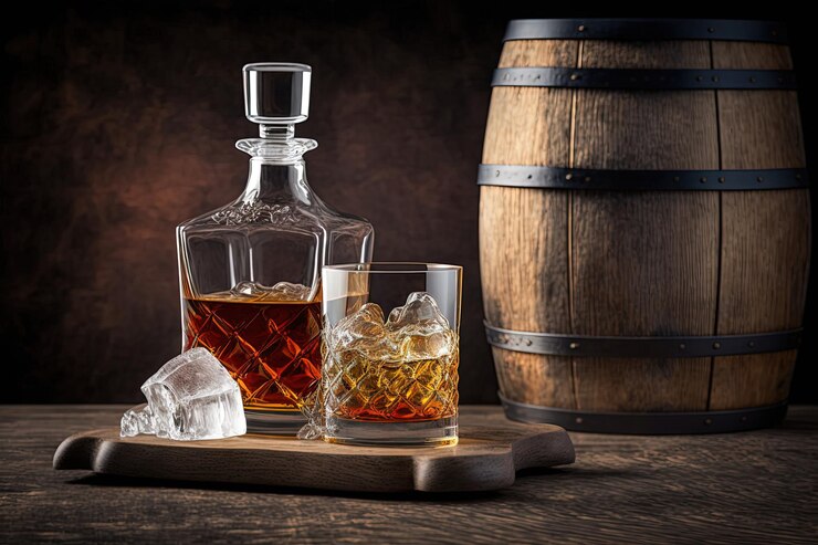 Photo a bottle of whiskey and a glass of whiskey sit on a wooden table with a wooden barrel and a wooden barrel behind it.
