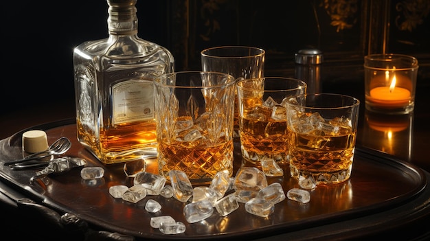 a bottle of whiskey sits on a table next to two glasses